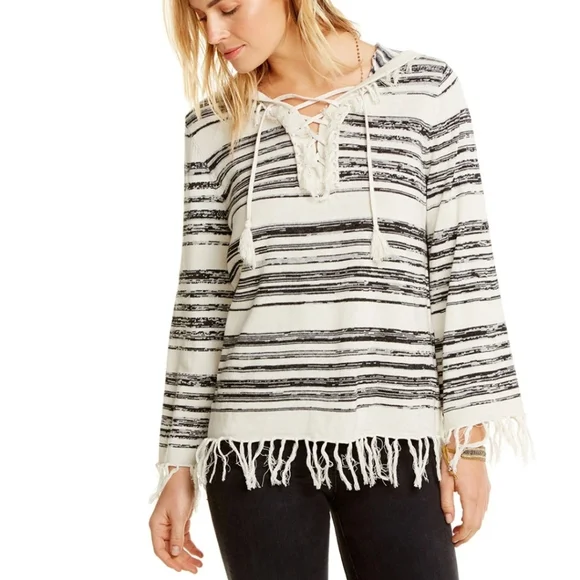 Chaser Linen Blend Fringe Trim Hooded Sweater sz Large - Picture 2 of 7